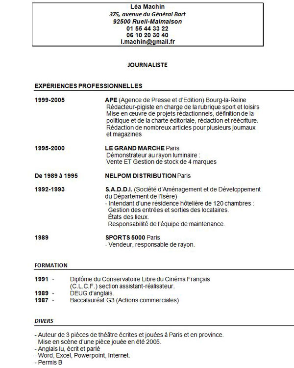 Exemple gratuit de CV (exemple 2)