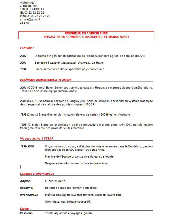 Exemple gratuit de CV (exemple 4)